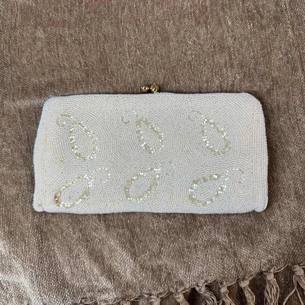 Vintage Cream Hand Beaded in Belgium Clutch bag with Coin Purse